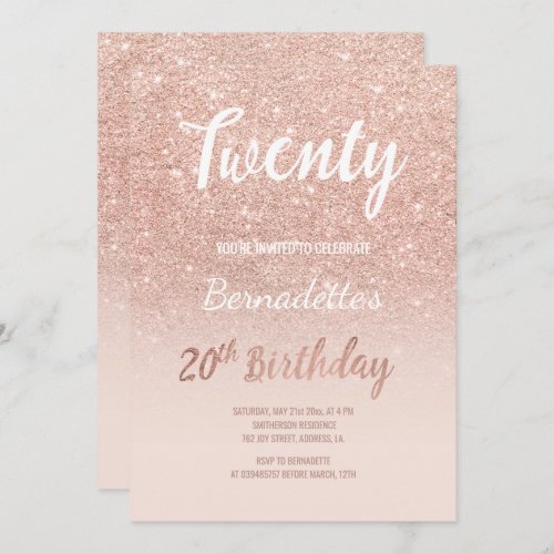 Faux rose gold glitter ombre 20th Birthday Invitation