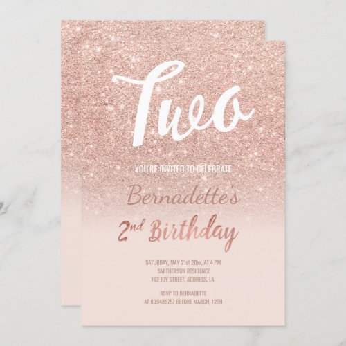 Faux rose gold glitter ombre 2nd Birthday Invitation
