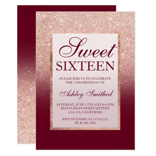 Faux rose gold glitter ombre burgundy Sweet 16 Invitation ...