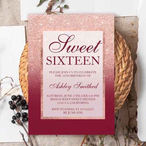 Faux rose gold glitter ombre burgundy Sweet 16 Invitation