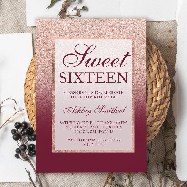Faux rose gold glitter ombre burgundy Sweet 16 Invitation