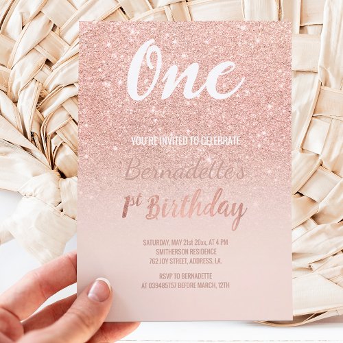 Faux rose gold glitter ombre first Birthday Invitation