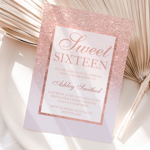 Faux rose gold glitter ombre lilac chic Sweet 16 Invitation