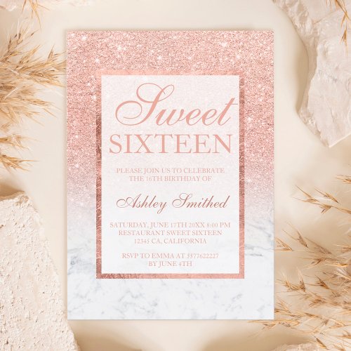 Faux rose gold glitter ombre marble chic Sweet 16 Invitation