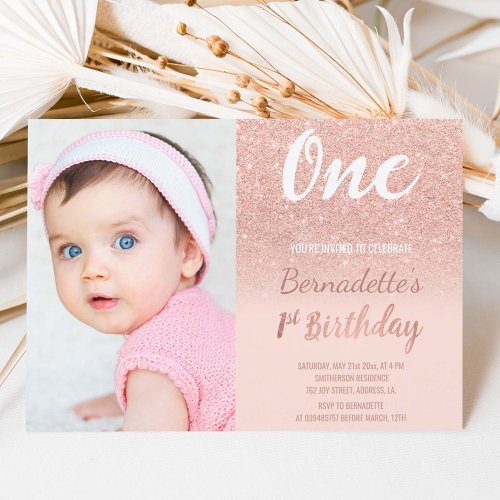 Faux rose gold glitter ombre photo first Birthday Invitation