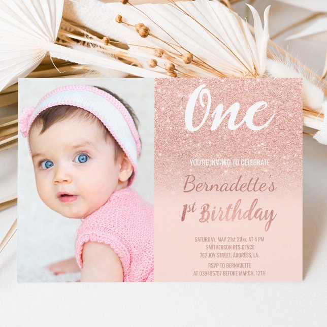 Faux rose gold glitter ombre photo first Birthday Invitation (Creator Uploaded)