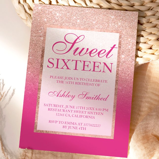 Faux rose gold glitter ombre pink magenta Sweet 16 Invitation (Creator Uploaded)