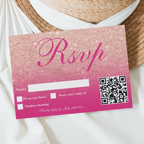 Faux rose gold glitter ombre pink magenta Sweet 16 RSVP Card