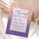 Faux rose gold glitter ombre purple Sweet 16 Invitation<br><div class="desc">A modern, pretty chic and elegant faux rose gold glitter shower ombre with Purple violet color block Sweet 16 birthday party invitation with rose gold ombre pattern with Purple violet and elegant gold frame Perfect for a princess Sweet sixteen, perfect for her, the fashionista who loves modern pattern and glam...</div>