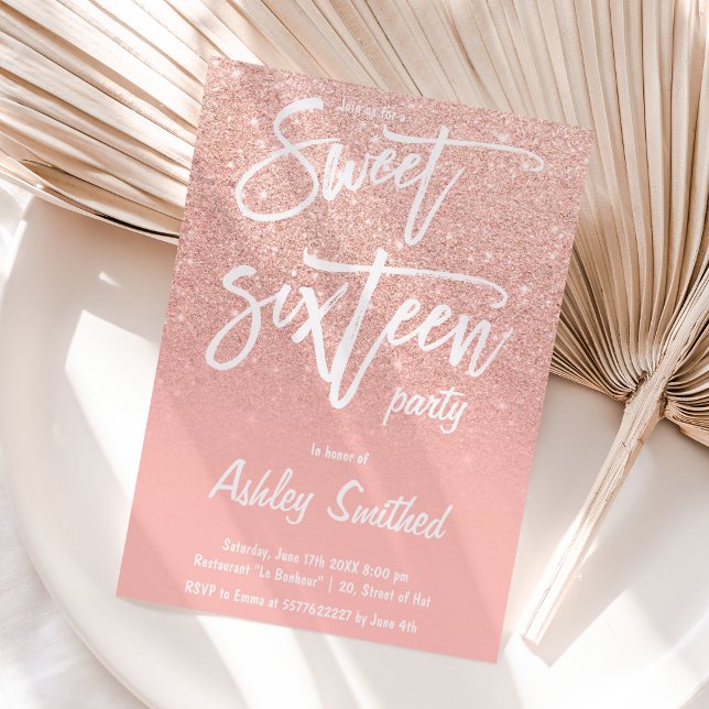 Faux rose gold glitter ombre typography Sweet 16 Invitation