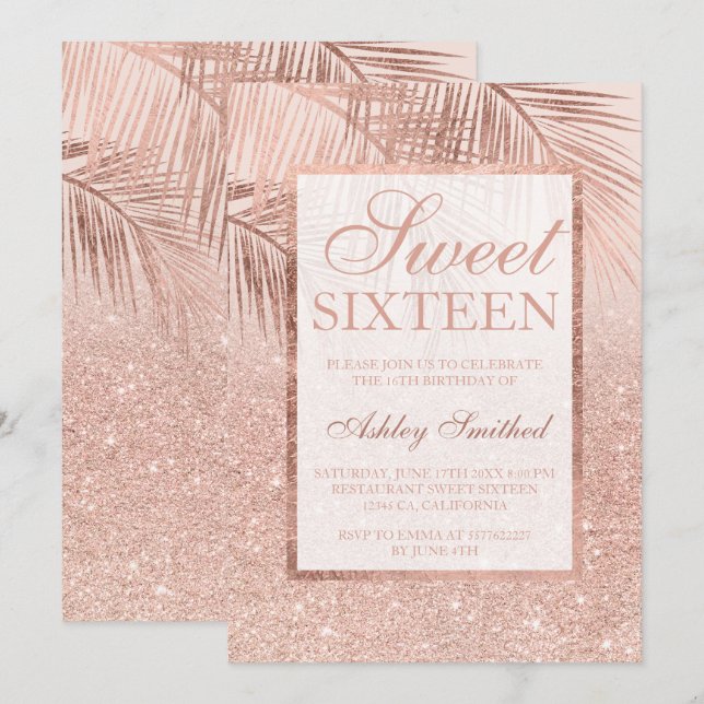 Faux rose gold glitter palm tree blush Sweet 16 Invitation (Front/Back)