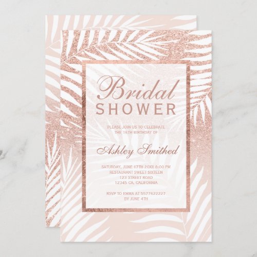 Faux rose gold glitter palm tree bridal shower invitation