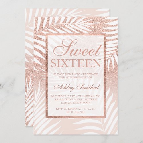 Faux rose gold glitter palm tree chic Sweet 16 Invitation