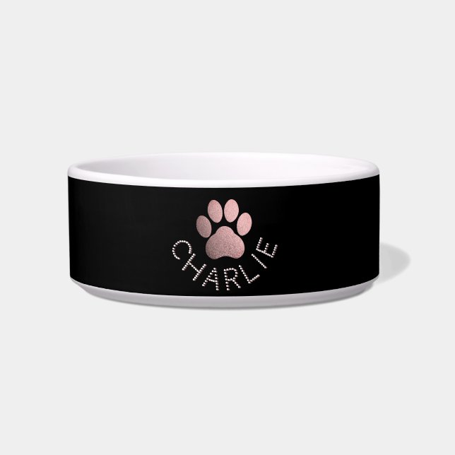 Faux Rose Gold Glitter Pawprint Personalized Dog Bowl (Front)
