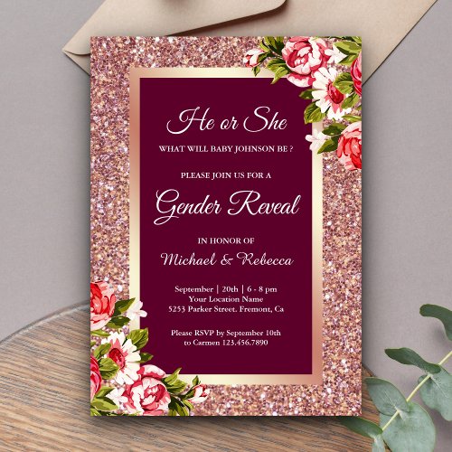 Faux Rose Gold Glitter Pink Floral Gender Reveal Invitation