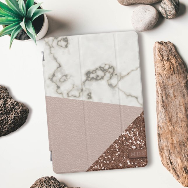 Faux Rose Gold Glitter Pink Marble iPad Cover (Faux Rose Gold Glitter Pink Marble iPad Cover with space for your initials)