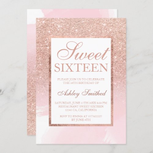 Faux rose gold glitter pink watercolor Sweet 16 Invitation
