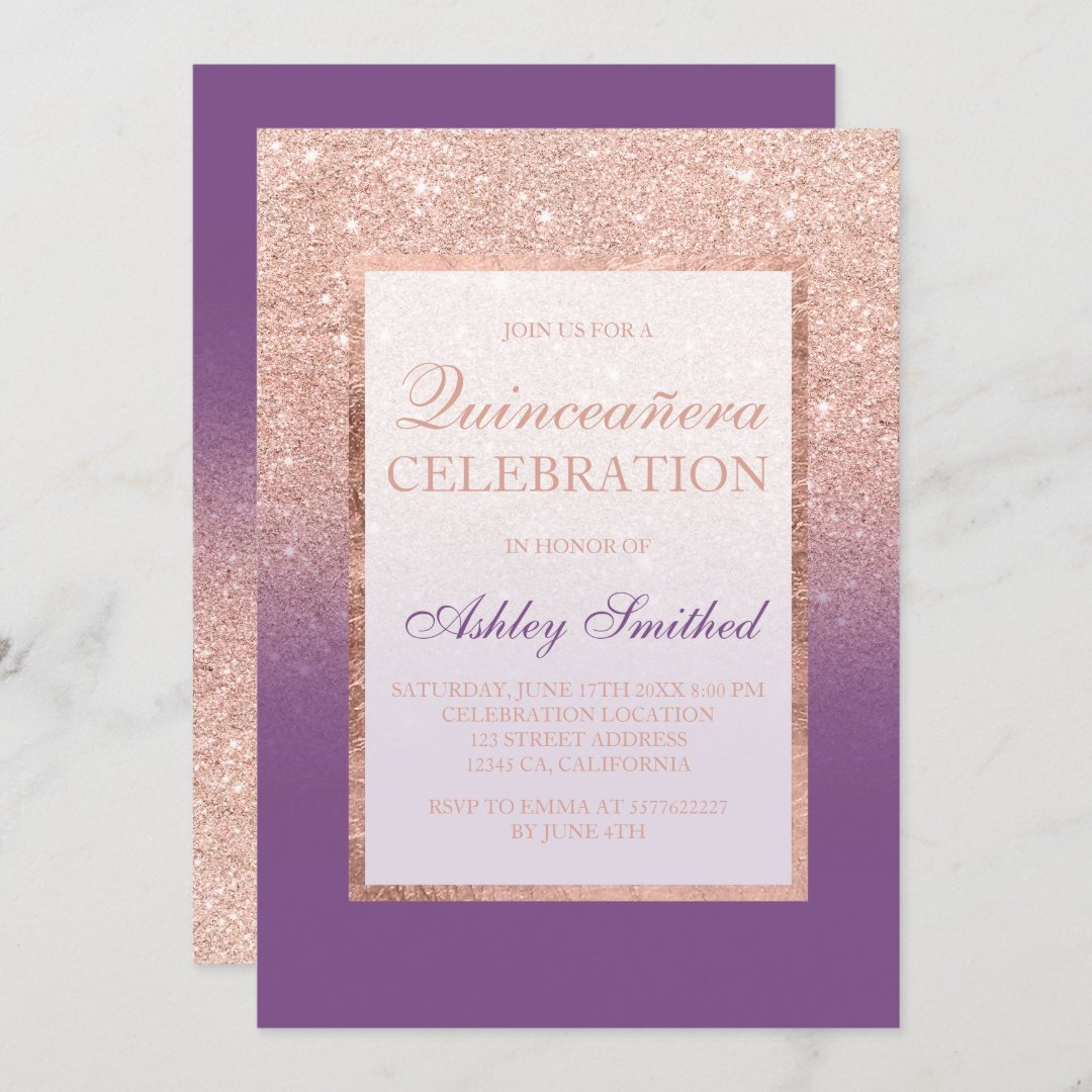 Faux rose gold glitter purple chic Quinceañera Invitation | Zazzle