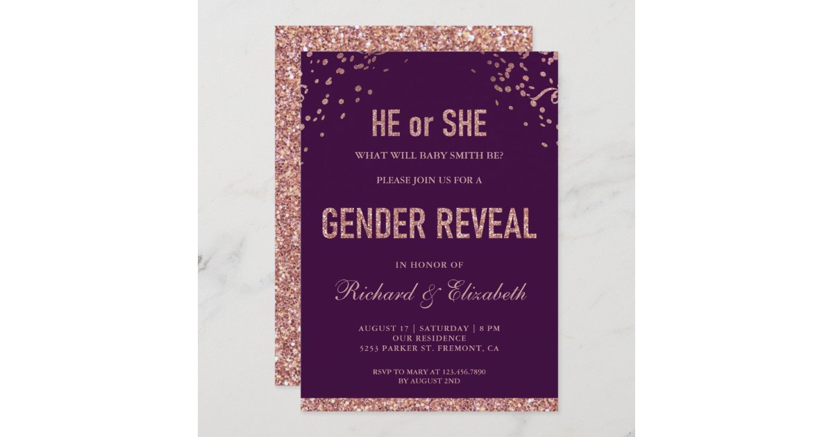 Faux Rose Gold Glitter Purple Gender Reveal Party Invitation Zazzle 