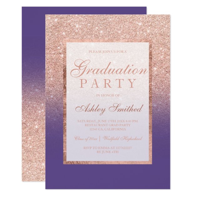 Faux Rose Gold Glitter Purple Graduation Party Invitation