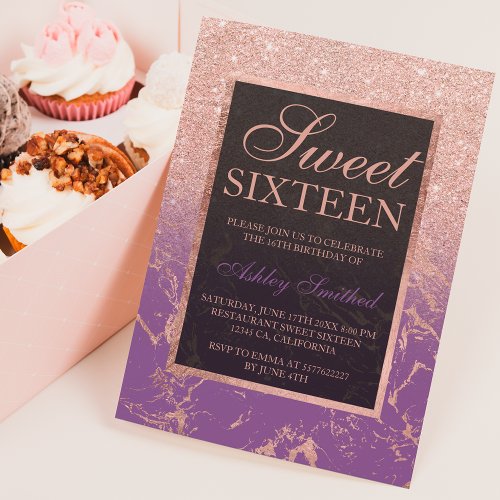 Faux rose gold glitter purple marble chic Sweet 16 Invitation