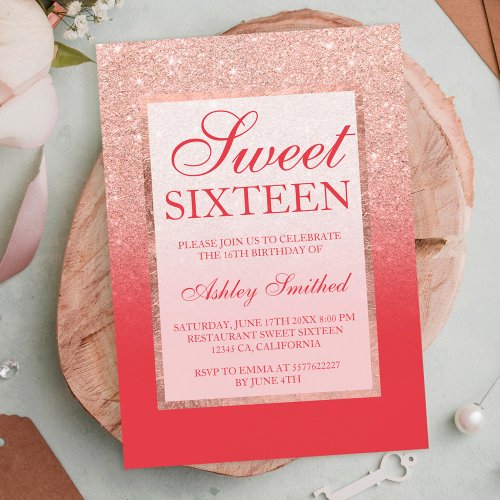 Faux rose gold glitter red chic Sweet 16 Invitation