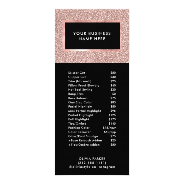 Faux Rose Gold Glitter | Salon Price List Service Rack Card (Front)