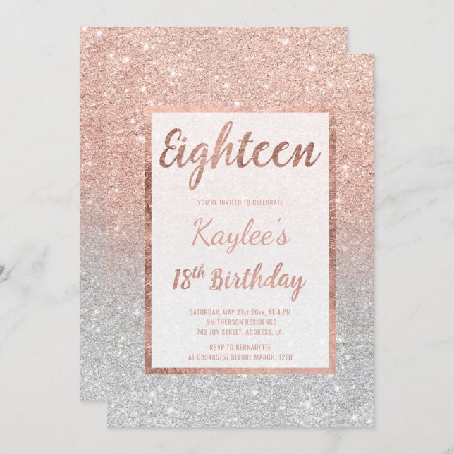 Faux rose gold glitter silver chic 18th Birthday Invitation (Front/Back)