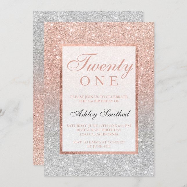 Faux rose gold glitter silver chic 21st birtday invitation (Front/Back)