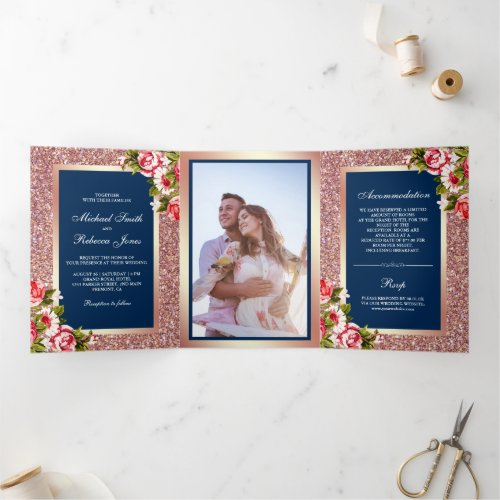 Faux Rose Gold Glitter Sparkle Floral Blue Wedding Tri_Fold Invitation
