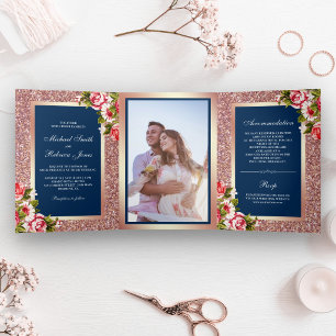 Faux Rose Gold Glitter Sparkle Floral Blue Wedding Tri-Fold Invitation