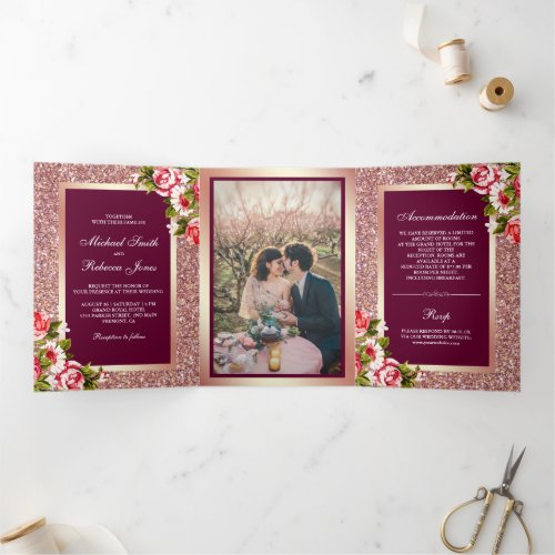 Faux Rose Gold Glitter Sparkle Pink Floral Wedding Tri_Fold Invitation