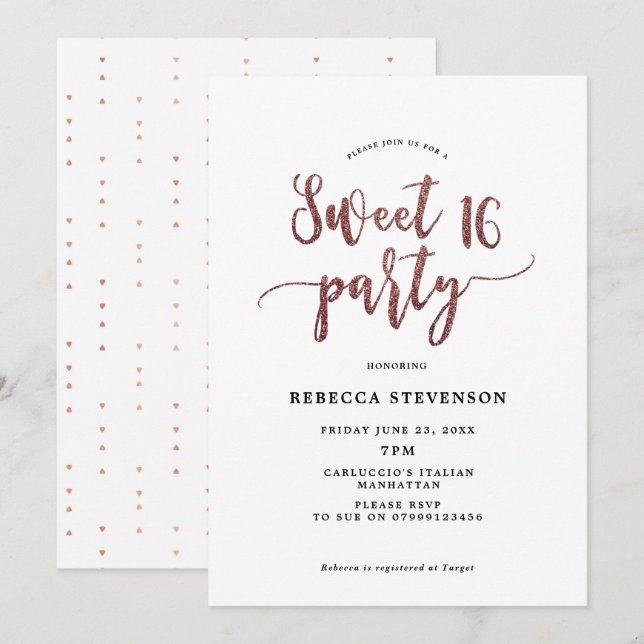 faux rose gold glitter sweet 16 invitation (Front/Back)