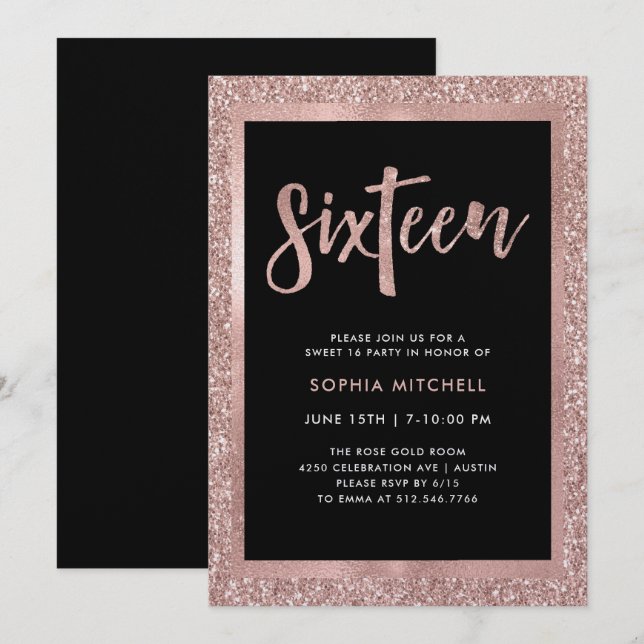 Faux Rose Gold Glitter | Sweet 16 Party Invitation (Front/Back)