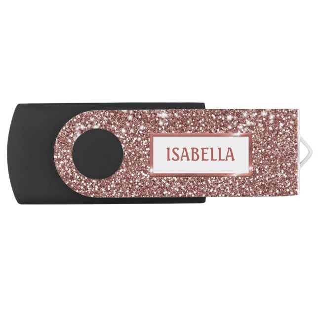Faux Rose Gold Glitter Texture Look & Custom Name Flash Drive (Front)