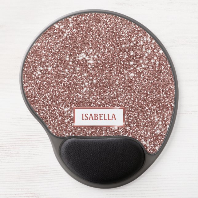 Faux Rose Gold Glitter Texture Look & Custom Name Gel Mouse Pad (Front)