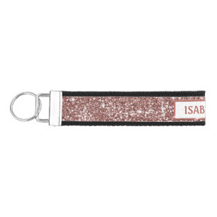 Faux Rose Gold Glitter Texture Look & Custom Name Wrist Keychain
