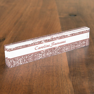 Faux Rose Gold Glitter Texture Look &amp; Custom Text Desk Name Plate