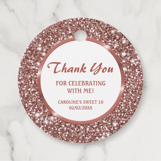 Faux Rose Gold Glitter Texture Look & Custom Text Favor Tags (Front)
