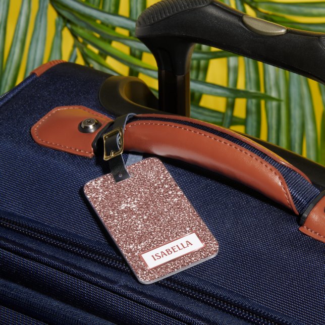 Faux Rose Gold Glitter Texture Look & Custom Text Luggage Tag (Front Insitu 1)