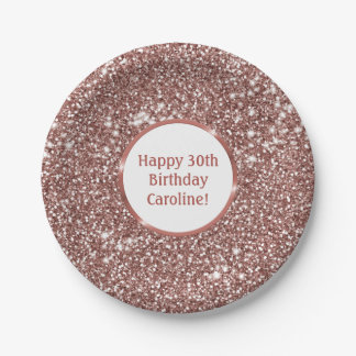 Faux Rose Gold Glitter Texture Look &amp; Custom Text Paper Plates
