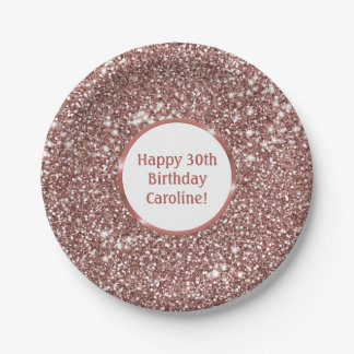 Faux Rose Gold Glitter Texture Look & Custom Text Paper Plates