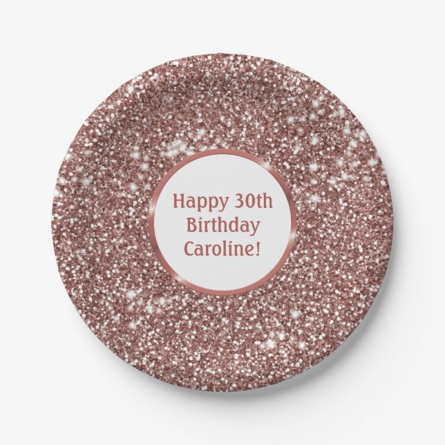Faux Rose Gold Glitter Texture Look & Custom Text Paper Plates (Front)