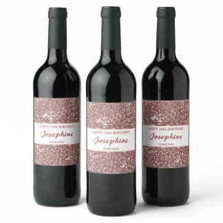 Faux Rose Gold Glitter Texture Look &amp; Custom Text Wine Label