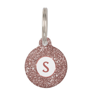 Faux Rose Gold Glitter Texture & Monogram Pet ID Tag