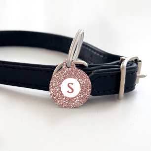 Faux Rose Gold Glitter Texture & Monogram Pet ID Tag