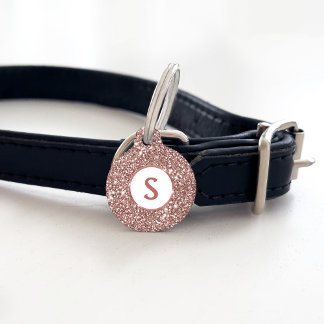 Faux Rose Gold Glitter Texture &amp; Monogram Pet ID Tag