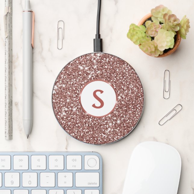 Faux Rose Gold Glitter Texture & Monogram Wireless Charger (Desk)