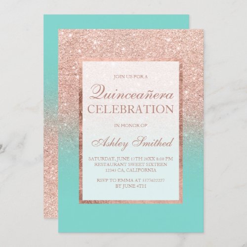 Faux rose gold glitter turquoise Quinceaera Invitation