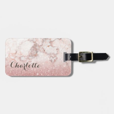 Faux Rose Gold Glitter White Marble Ombre Luggage Tag